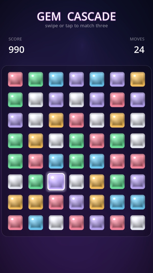 Gem Cascade — a glossy 7×8 match-3 board mid-cascade with a selected jewel glowing.